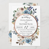 シックブルーフローラバラ金ゴールド結婚式招待状 招待状 (正面/裏面)