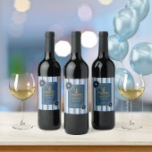 シックブルーフローラホワイトストライプハッピーバースデー名 ワインラベル