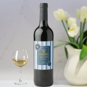 シックブルーフローラホワイトストライプハッピーバースデー名 ワインラベル