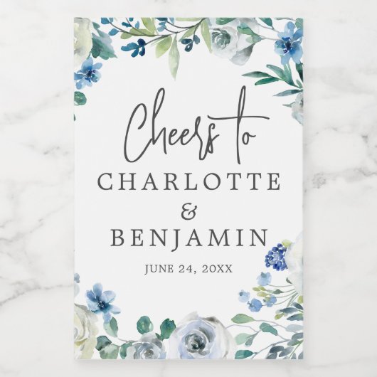 シックブルーフローラ庭園の結婚式カスタムミニ ワインラベル (シングルラベル)