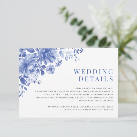 シックブルーホワイトチノワセリー庭園の結婚式詳細 エンクロージャーカード (スタンド正面)