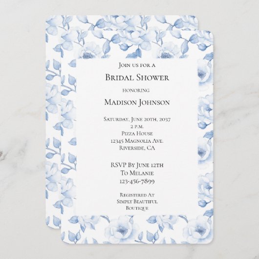 シックブルーホワイトフローラブライダルシャワー 招待状 (正面/裏面)