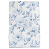 シックブルーホワイトフローラ結婚ブライダルシャワー ミディアムペーパーバッグ (裏面)