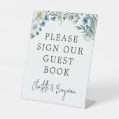 シックブルーホワイト春フローラゲストブック 台座サイン (正面)