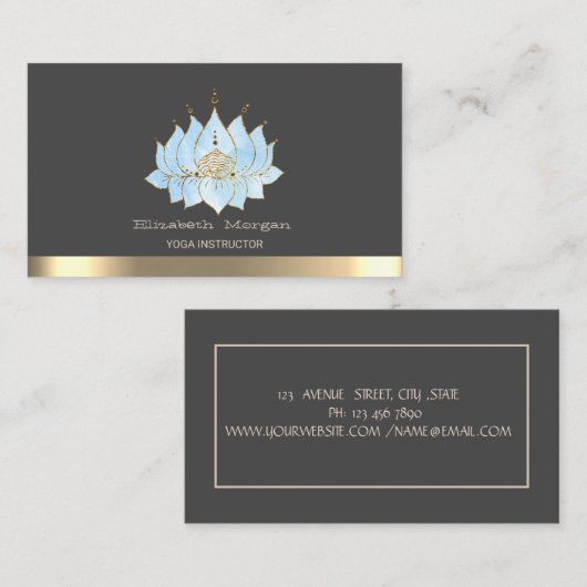 シックブルーロータスストライプ金ゴールドヨガインストラクター 名刺 (正面/裏面)
