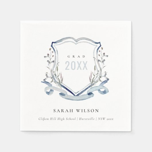 シックブルーワイルドフラワーウォーターカラークレスト卒業 スタンダードカクテルナプキン (正面)