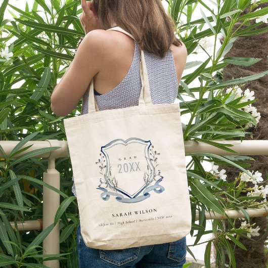 シックブルーワイルドフラワーウォーターカラークレスト卒業 トートバッグ