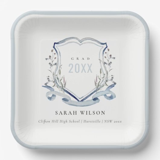 シックブルーワイルドフラワーウォーターカラークレスト卒業 ペーパープレート (正面)