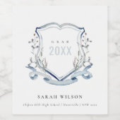 シックブルーワイルドフラワーウォーターカラークレスト卒業 ワインラベル (シングルラベル)