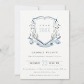 シックブルーワイルドフラワーウォーターカラークレスト卒業 招待状 (正面)