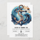 シックブルー海誕生日 招待状 (正面/裏面)