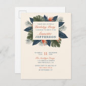 シックブルー熱帯葉の誕モダン生パーティー インビテーションポストカード (正面/裏面)