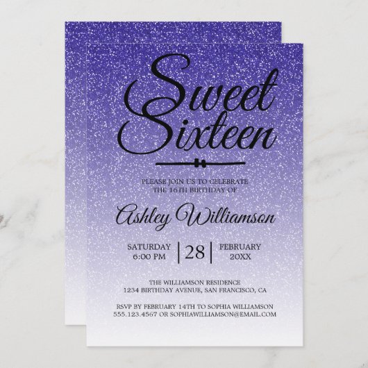 シックブルー王室のグリッタースイーグラデーショント16誕生日 招待状 (正面/裏面)
