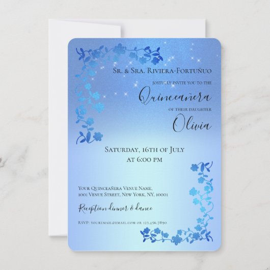 シックブルー王室のグリッターフローラフォトキンセアニェラ 招待状 (裏面)