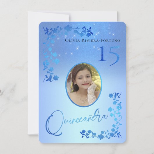 シックブルー王室のグリッターフローラフォトキンセアニェラ 招待状 (正面)