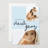 シックブルー男の赤ちゃん誕生フォトハッピー新年 シーズンカード (正面/裏面)