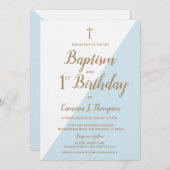 シックブルー金ゴールドクロスバプテスマと誕生日 招待状 (正面/裏面)