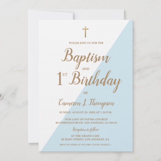 シックブルー金ゴールドクロスバプテスマと誕生日 招待状 (正面)