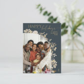 シックブルー金ゴールドハッピーホリデーズフォト ポストカード (スタンド正面)