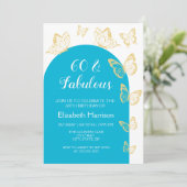 シックブルー金ゴールドバタフライファブラス誕生日 招待状 (スタンド正面)