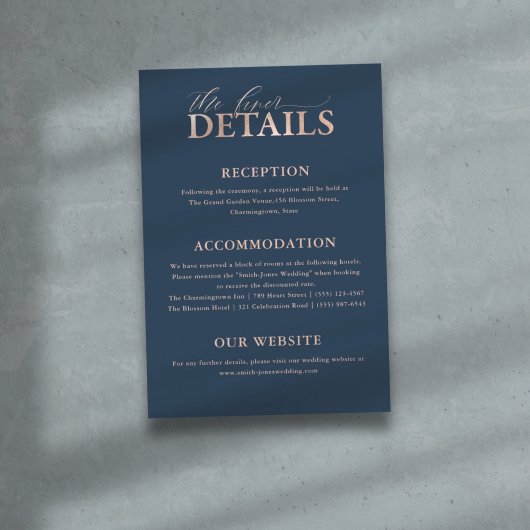 シックブルー&バラ金ゴールドタイポグラフィ結婚ズ詳細 エンクロージャーカード