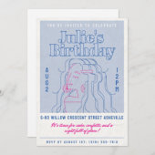 シックブルー&ピンク誕生日招待状グラムガール 招待状 (正面/裏面)