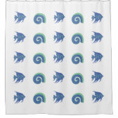 シックブルー&ホワイトフィッシュシェルビーチハウス シャワーカーテン (正面)