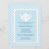 シックブルー|白いティーポットのベビーシャワーティーパーティー 招待状 (正面/裏面)