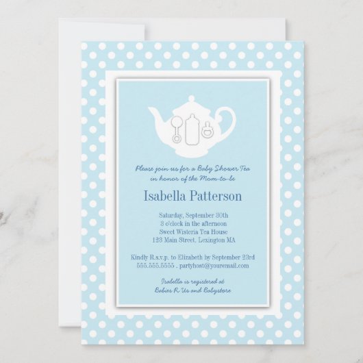 シックブルー|白いティーポットのベビーシャワーティーパーティー 招待状 (正面)