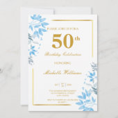 シックブルー&金ゴールドフローラ50th誕生日招待状 招待状 (正面)