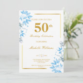 シックブルー&金ゴールドフローラ50th誕生日招待状 招待状 (スタンド正面)