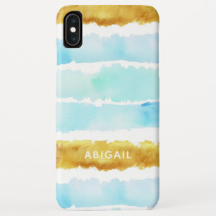 シックブルー&金ゴールド絵を描ウォーターカラーモノグラム iPhone XS MAXケース