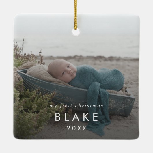 シックベビーの初めてのクリスマス生まれたばかりのフォトオーバーレイ セラミックオーナメント (裏面)