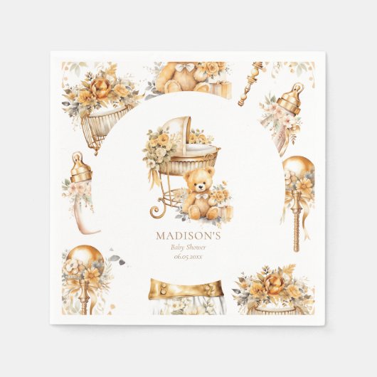 シックベージュ&金ゴールドバシネカスタム スタンダードカクテルナプキン (正面)