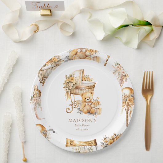 シックベージュ&金ゴールドバシネカスタム ペーパープレート (ウェディング)