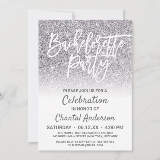 シックホワイトシルバーフェイクグリッターグラデーションバチェロレッテ 招待状 (正面)