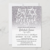 シックホワイトシルバーフェイクグリッターグラデーションバルミツワー 招待状 (正面)
