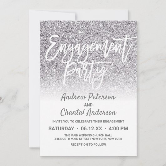 シックホワイトシルバーフェイクグリッターグラデーション婚約 招待状 (正面)
