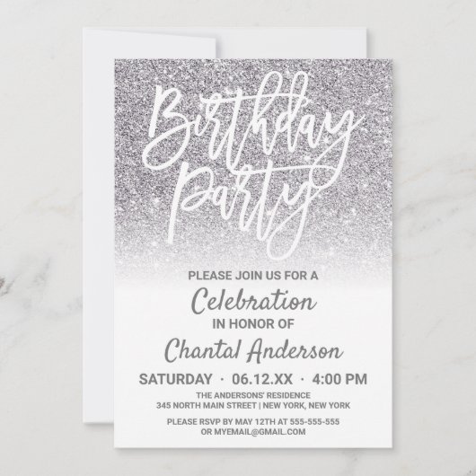 シックホワイトシルバーフェイクグリッターグラデーション誕生日 招待状 (正面)