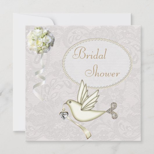 シックホワイトドーブペイズリーレースブライダルシャワー 招待状 (正面)