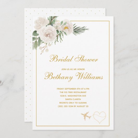 シックホワイトフローラトラベルブライダルシャワー招待 招待状 (正面/裏面)