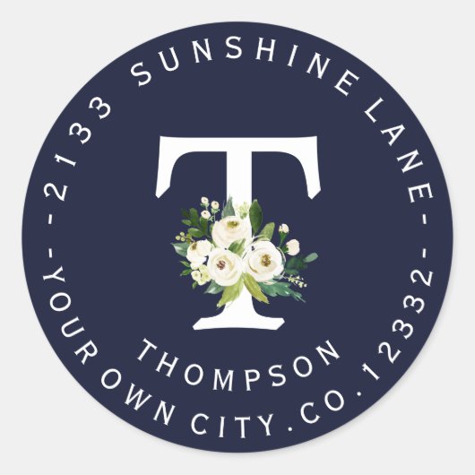 シックホワイトフローラネイビーブルーサーキュラー住所 シール (正面)
