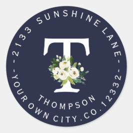 シックホワイトフローラネイビーブルーサーキュラー住所 シール