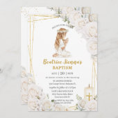 シックホワイトフローラバプテスマ祈《キリスト教》洗礼式や命名式ズガール 招待状 (正面/裏面)