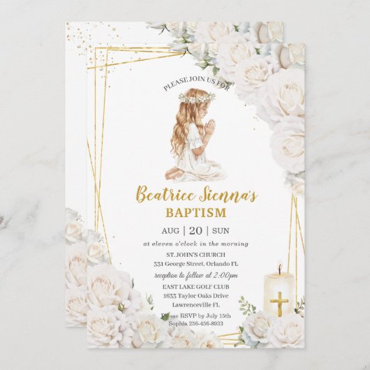 シックホワイトフローラバプテスマ祈《キリスト教》洗礼式や命名式ズガール 招待状 (正面/裏面)