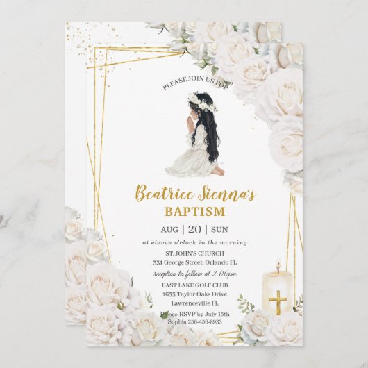 シックホワイトフローラバプテスマ祈《キリスト教》洗礼式や命名式ズガール 招待状 (正面/裏面)