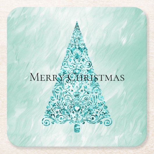 シックホワイトミントクリスマスツリーグリッター スクエアペーパーコースター (正面)