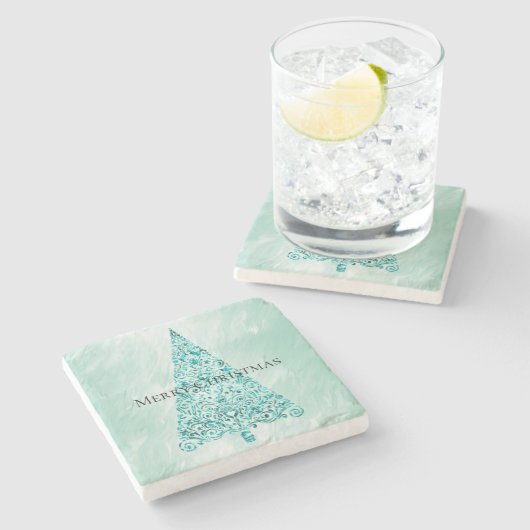 シックホワイトミントクリスマスツリーグリッター ストーンコースター (横)