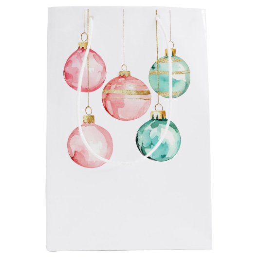 シックホワイトミントピンク金ゴールドクリスマスオーナメント ミディアムペーパーバッグ (正面)