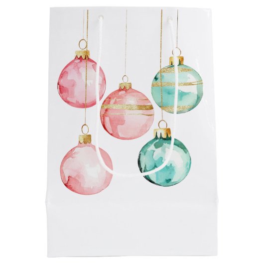 シックホワイトミントピンク金ゴールドクリスマスオーナメント ミディアムペーパーバッグ (裏面)